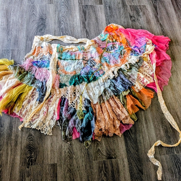 Boho layer multicolor gypsy lace tulle floral embellished knee skirt wrap S M - Picture 2 of 5